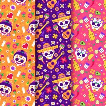 Hand drawn flat dia de muertos patterns collection 스톡 일러스트