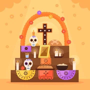 Hand drawn flat dia de muertos family home altar illustration Stock Illustration