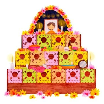 Hand drawn flat dia de muertos family home altar illustration Stock Illustration