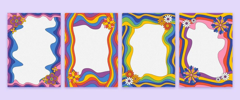 Hand drawn flat groovy psychedelic frames collection Stock Illustration