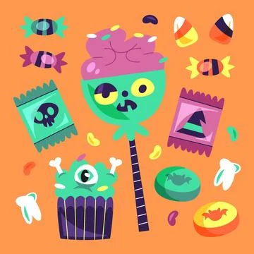 Hand drawn flat halloween candy collection Stock Illustration