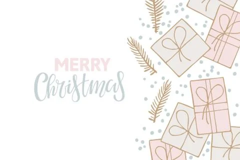 Hand Drawn Flat Lay Merry Christmas. Gift boxes, evergreen branches, Merry Stock Illustration