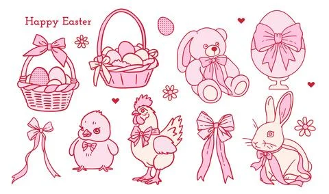 Hand drawn flat linear Easter elements set for card, banner, flyer. Decorated イラスト素材