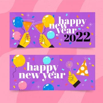 Hand drawn flat new year horizontal banners set with hands in a cheer Stock Illustration