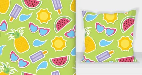 Hand drawn flat summer seamless pattern. mockup pillow Stock Illustration