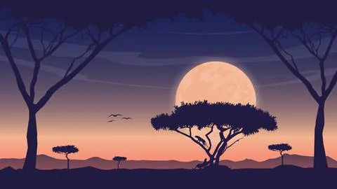 Hand Drawn Flat Sunset Wildlife Landscape with tigers Climbing Tree Stock Illustration