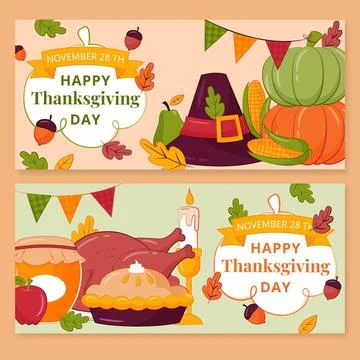 Hand drawn flat thanksgiving horizontal banners set Stock Illustration
