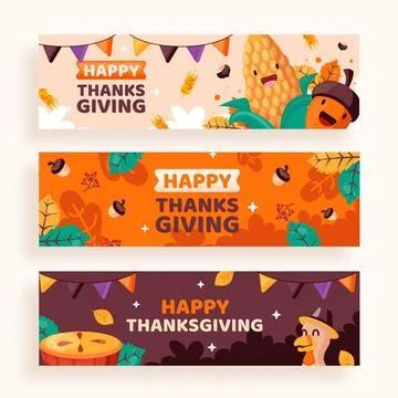 Hand drawn flat thanksgiving horizontal banners set Stock Illustration