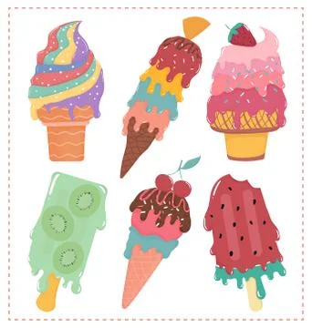 Hand drawn flat vector sweet pastel ice cream melted summer collection Illustrazione stock