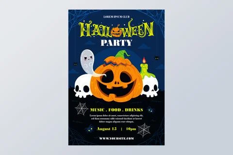 Hand drawn flat vertical halloween party flyer template pro design Stock Illustration