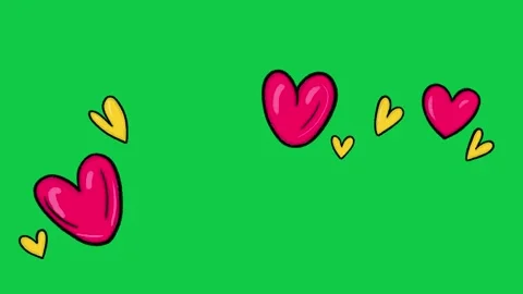 Hand Drawn Floating Hearts Animation on Green Screen Overlay Видео 336579104