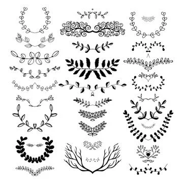 Hand drawn floral borders, dingbats, dividers, wreaths Stock Illustration