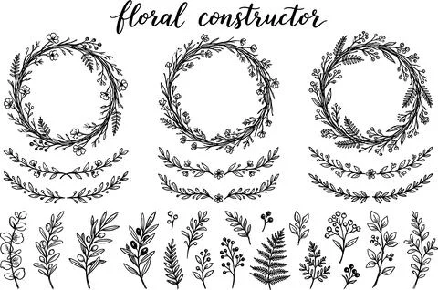 Hand-drawn Floral Constructor Elements for Design Projects. Иллюстрация