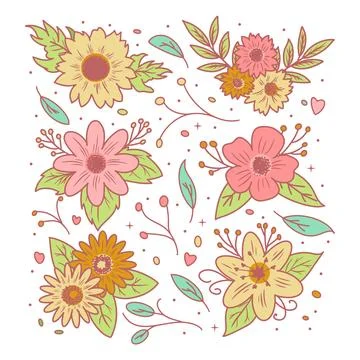 Hand drawn floral decorative elements collection full color Stock Illustration