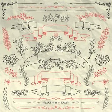 Hand Drawn Floral Design Elements on Crumpled Paper Stock Illustration