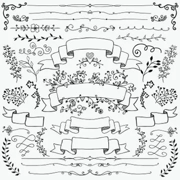 Hand Drawn Floral Design Elements, Ribbons, Dividers イラスト素材