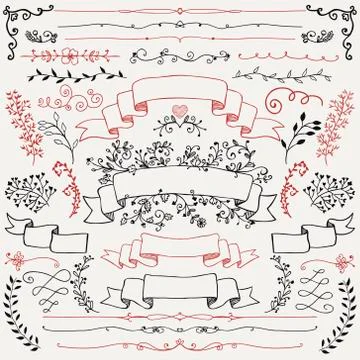 Hand Drawn Floral Design Elements, Ribbons 库存插图
