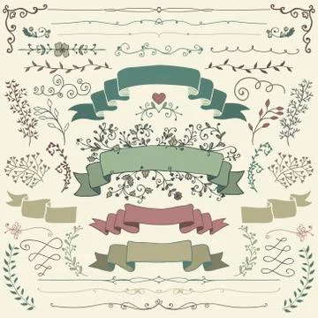Hand Drawn Floral Design Elements, Ribbons, Dividers 库存插图