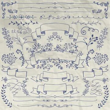 Hand Drawn Floral Design Elements, Ribbons, Dividers イラスト素材