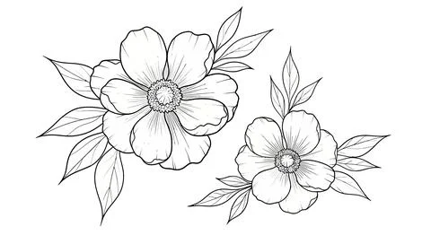 Hand-drawn floral elements, black and white sketch of flowers and leaves, i.. 스톡 일러스트