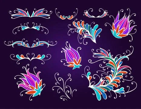 Hand drawn floral elements for design, dividers and flowers. Stock Illustration