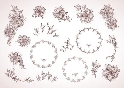 Hand drawn floral elements for design, frames and flowers. In red and beige c Stock Illustration