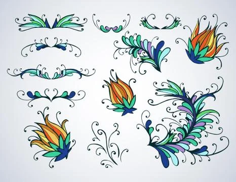 Hand drawn floral elements for design, dividers and flowers. Stock Illustration