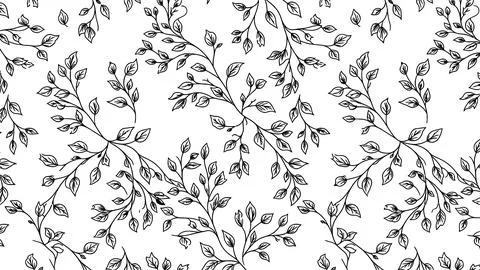 Hand-drawn Floral Pattern, Botanical Branches with Leaves, Black and White .. Illustrazione stock