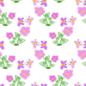 Hand-Drawn Floral Pattern with Butterflies Stock Illustration