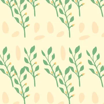 Hand drawn floral pattern with green branches on yellow background Stock Illustration