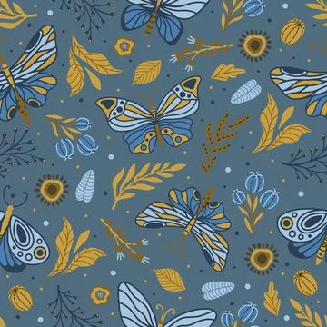 Hand drawn floral pattern with meadow flowers, herbs and dragonfly. Vector Stock Illustration