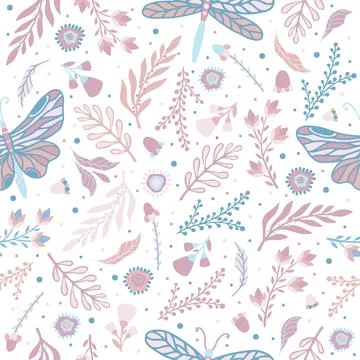 Hand drawn floral pattern with meadow flowers, herbs and dragonfly. Vector Stockillustratie