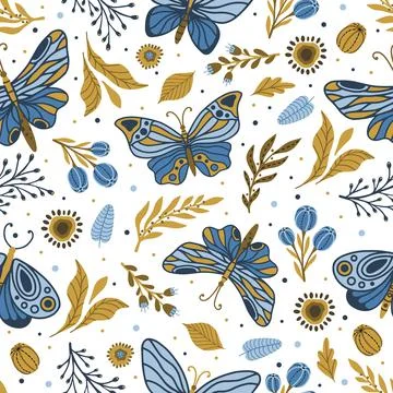Hand drawn floral pattern with meadow flowers, herbs and dragonfly. Vector Stock Illustration