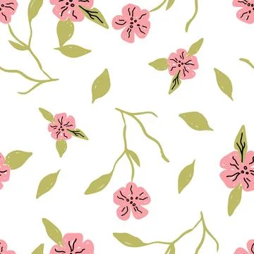Hand drawn floral pattern with pink flowers and green leaves on a white Illustrazione stock