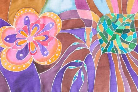 Hand drawn floral pattern on silk batik scarf 스톡 사진