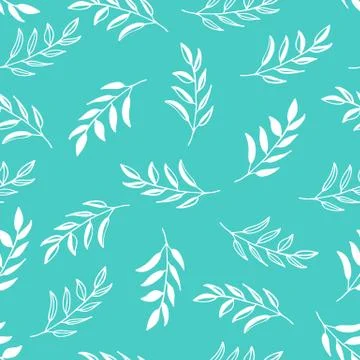 Hand drawn floral seamless pattern. Branches on mint green background. Easy t Stock Illustration
