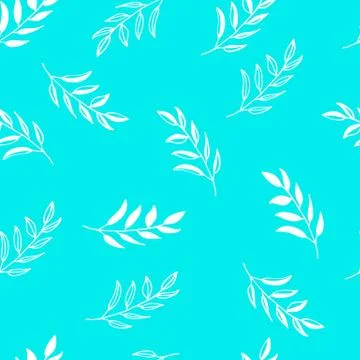 Hand drawn floral seamless pattern. Branches on mint green background. Easy t Stock Illustration