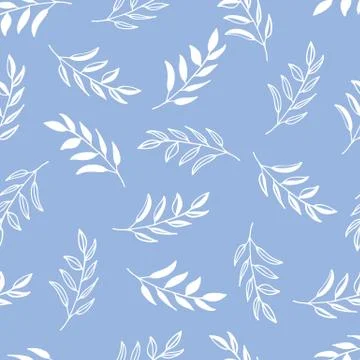 Hand drawn floral seamless pattern. Branches on pastel blue background. Easy  Stock Illustration