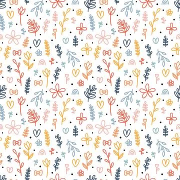 Hand drawn floral seamless pattern. Cute background with colored flowers an.. Stock Illustration