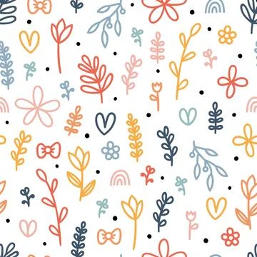 Hand drawn floral seamless pattern. Cute background with colored flowers an.. Stock Illustration