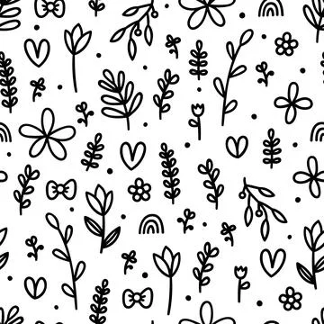 Hand drawn floral seamless pattern. Cute background with flowers and leaves.. Stock Illustration