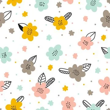 Hand drawn floral seamless pattern. Cute background with flowers. Scandinav.. Stock Illustration