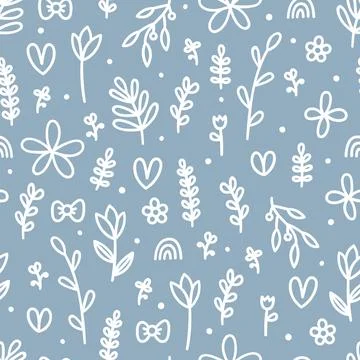 Hand drawn floral seamless pattern. Cute background with flowers and leaves.. Stock Illustration