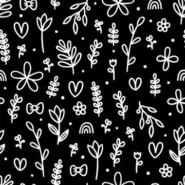 Hand drawn floral seamless pattern. Cute flowers and leaves on black backgr.. Stock Illustration