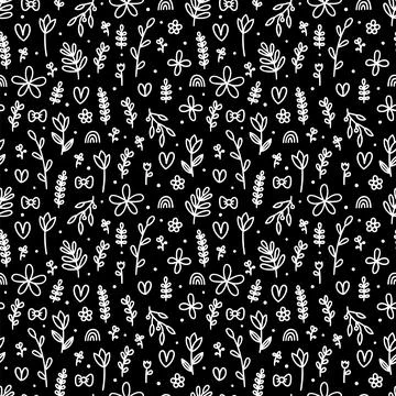 Hand drawn floral seamless pattern. Cute flowers and leaves on black backgr.. Stock Illustration