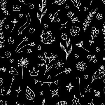 Hand drawn floral seamless pattern. Abstract background. Flower design elem.. Stock Illustration