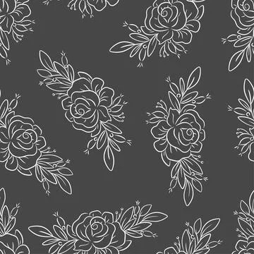 Hand drawn floral seamless pattern roses and floral elements on a dark grey Stock Illustration