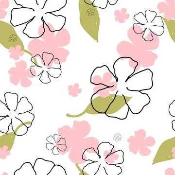 Hand drawn floral seamless pattern featuring pink flowers and green leaves on a Illustrazione stock