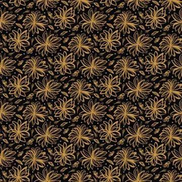 Hand drawn floral tossed pattern. Vector seamless background. Stylized ink Stock Illustration