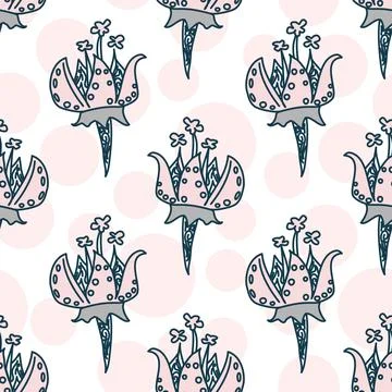 Hand Drawn Floral Vector Repeat Pattern In Ink Blue And Pale Pink Stock Illustration